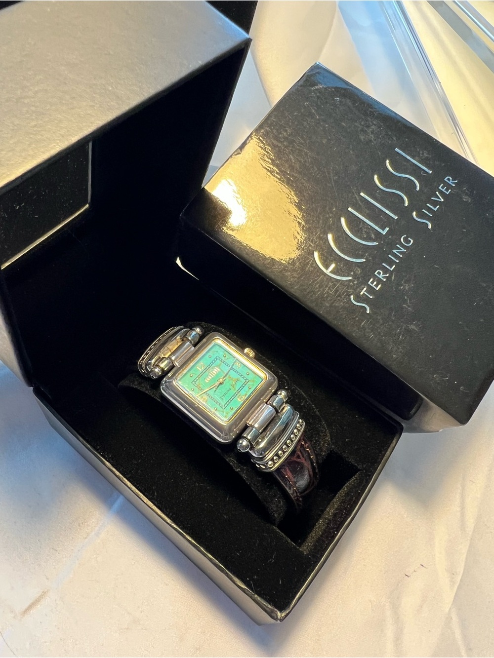 Ecclissi Sterling Silver Watch with Turquoise Dial, brown straps. (#570)